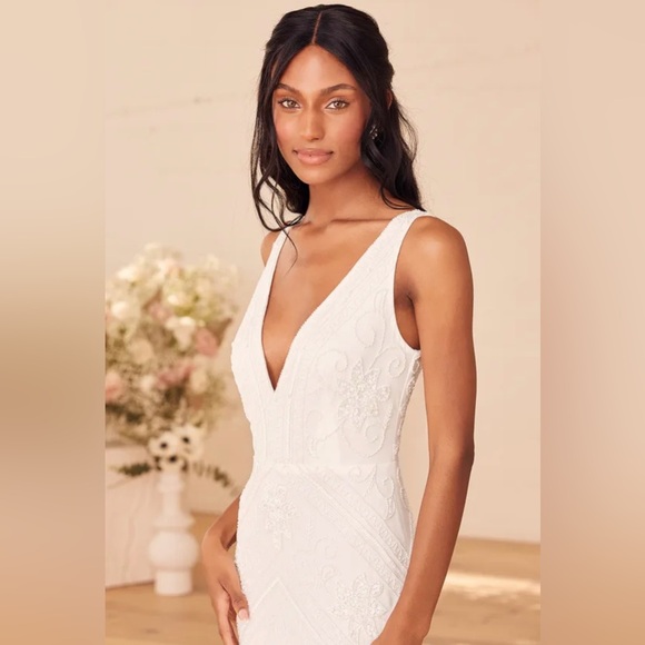 The Sweetest Vows White Beaded Sequin Mermaid Maxi Dress size L - Picture 2 of 5